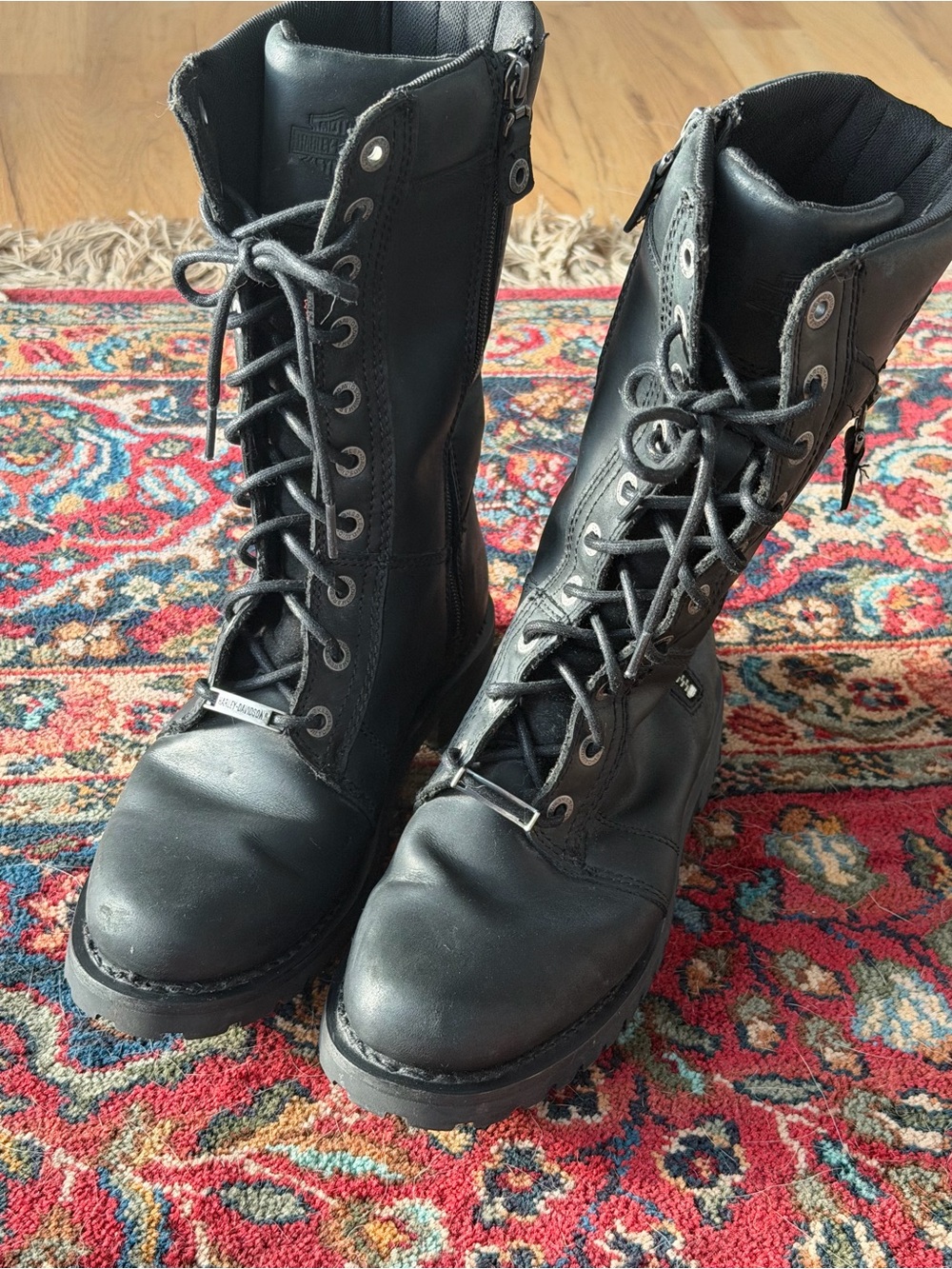 Harley-Davidson Black Lace-Up Combat Boots with Side Zips - Picture 11 of 13